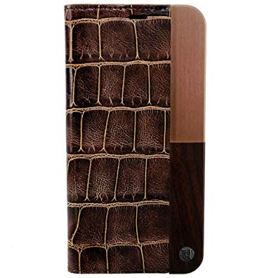 iPhone X Case, Uunique, Brown, Croc Leather design with (Genuine Wood) & combination of Aluminium Book / Folio Case, Magnetic Closing, Stand Function, Premium Protective Cover, Book Case