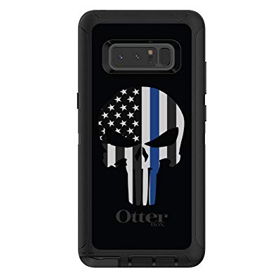 DistinctInk Case for Galaxy Note 8 - OtterBox Defender Black Custom Case - Thin Blue Line Skull - Show Your Support for First Responders