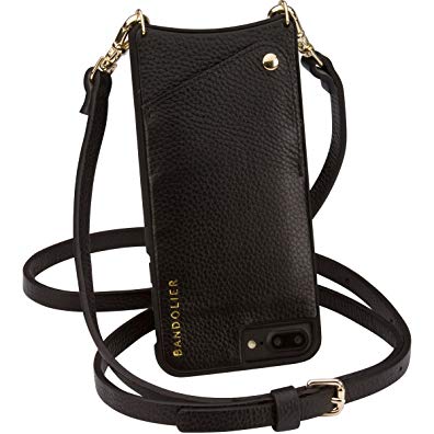 Bandolier [Emma] Phone Case Compatible with iPhone 8, 7 & 6 PLUS | Black Genuine Leather Wallet Case for ID/Credit Cards. GOLD Detail Crossbody Adjustable Strap. Cell Purse Carry Handsfree.
