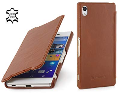 StilGut Book Type, Genuine Leather Case, Cover for Sony Xperia Z3+ (Z3 Plus), Cognac Brown