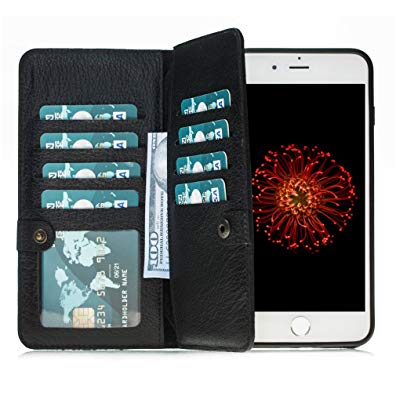 Burkley BI-FOLD Detachable Leather Wallet Case for Apple iPhone 8 Plus / 7 Plus with Magnetic Closure and Snap-on | 11 Card Slots and 2 Cash Pockets in a Gift Box | Pebble Black