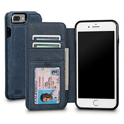Sena Bence Wallet Book - Genuine Leather Book style Folio Wallet with Kickstand & Card Slots for iPhone 8 Plus/7 Plus - Denim