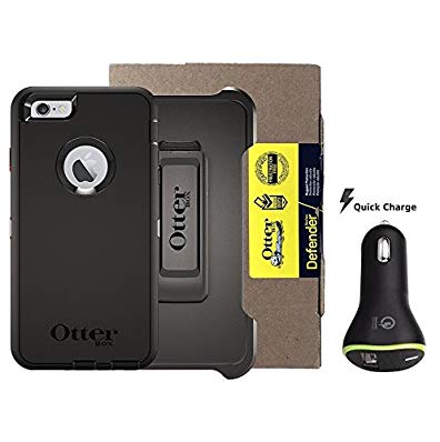 OtterBox DEFENDER iPhone 6/6s Black Case with Belt Clip & Quick Puregear Universal 2.0 Car Adapter (Frustration-Free Packaging)
