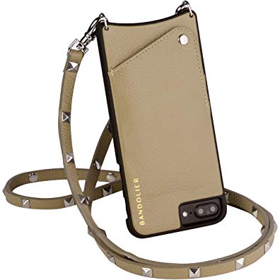 Bandolier [Sarah] Phone Case for iPhone 8 Plus, 7 Plus & 6 Plus Models. Authentic Leather With Studded Designer SILVER Details. Crossbody Strap Carry Handsfree & Wallet for Credit Cards.