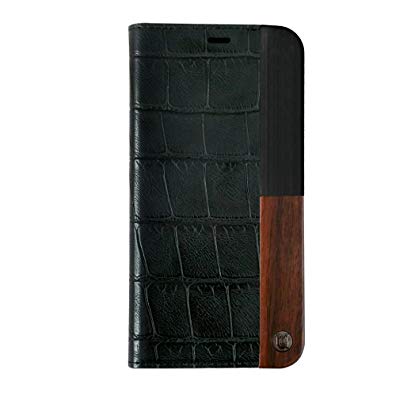 iPhone X Case, Uunique, Black, Croc Leather design with (Genuine Wood) & combination of Aluminium Book / Folio Case, Magnetic Closing, Stand Function, Premium Protective Cover, Book Case
