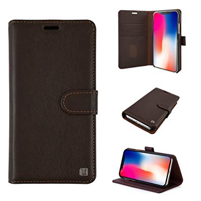 iPhone X Case, Uunique, Brown, Genuine Leather Case, [Supports Wireless Charging] 3 ID/Card Slot Handcrafted, Premium Folio, Stand Function, 2 in 1 Folio Plus Detachable Back Shell