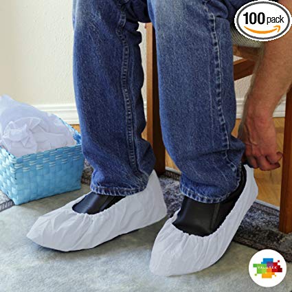 Valutek Disposable Shoe Covers 100 pieces, Waterproof/Polyethylene/Elastic Ankle Cuff, 18