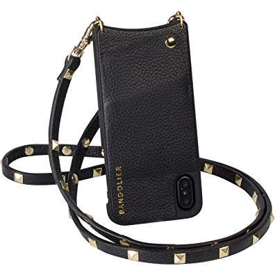 Bandolier [Sarah] Phone Case for iPhone X - Black Genuine Leather Women’s Wallet for Cards w/GOLD Metal Hardware. CrossBody Strap + Cover for Apple Mobile. Cell Purse for Handsfree Convenience.