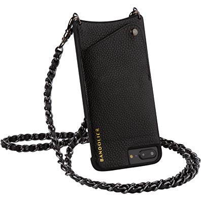Bandolier [Lucy] Phone Case for iPhone 8 PLUS, 7 PLUS & 7 PLUS | Black Fine Leather Women’s Wallet Cover. Pewter Designer Hardware Details. Detachable Cross Body Strap with Famous Sleek Chain Detail.