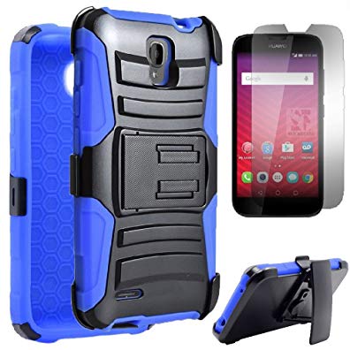 Huawei Union 4G LTE Y538 Heavy Duty Impact Protection Dual Layer Armor Kickstand Case + Belt Clip Carrying Holster + Premium LCD Screen Protector HUAY538ABB HUAY538AVB [SlickGearsTM] (Blue)