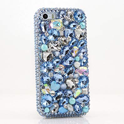 iPhone SE Case, LUXADDICTION® [Premium Handmade Quality] Bling Crystals Rhinestone [Light Blue White Pearls] Diamond Sparkle Cover (AB blue stones)