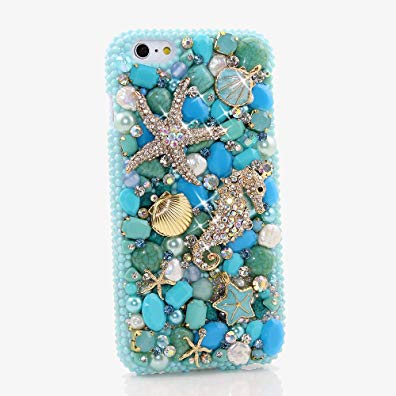 iPhone 8 Case, iPhone 7 Case, [Premium Handmade Quality] Bling Genuine Crystals TURQUOISE OCEAN DESIGN Hybrid Protective Cover for iPhone 8 / 7 by LUXADDICTION