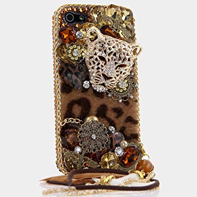 iPhone 6S PLUS Bling Case, iPhone 6 PLUS Case - LUXADDICTION [Premium Quality] 3D Handmade Crystallized Bling Case Easy Grip Crystals Diamond Sparkle Leopard Cheetah Head with Feather Phone Charm Cover